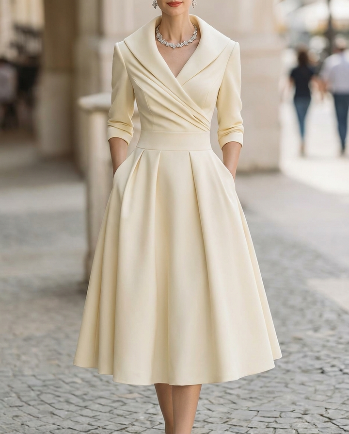 Olivia Bennet | Ivory Trench-Collar Wrap Satin Midi Dress