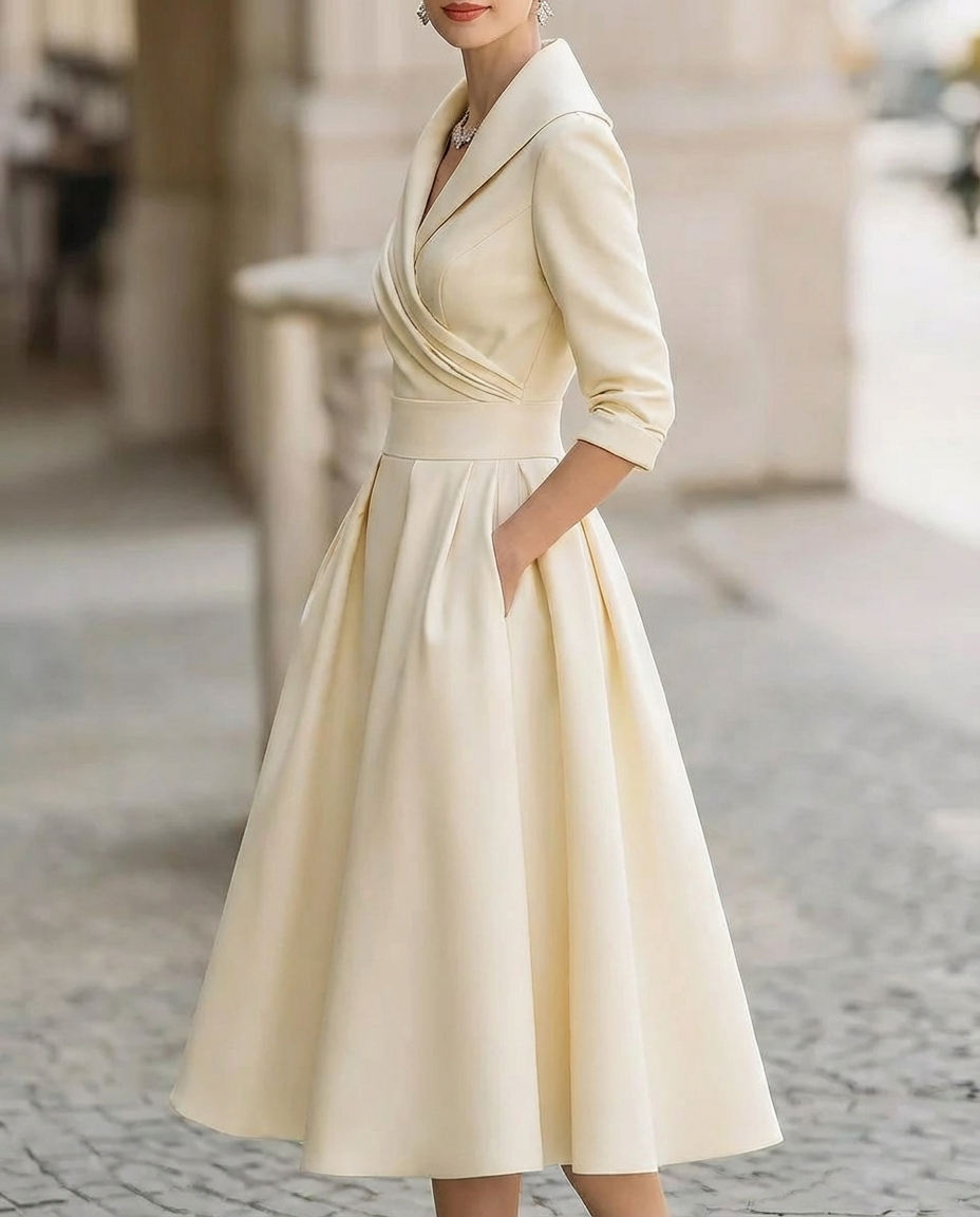 Olivia Bennet | Ivory Trench-Collar Wrap Satin Midi Dress