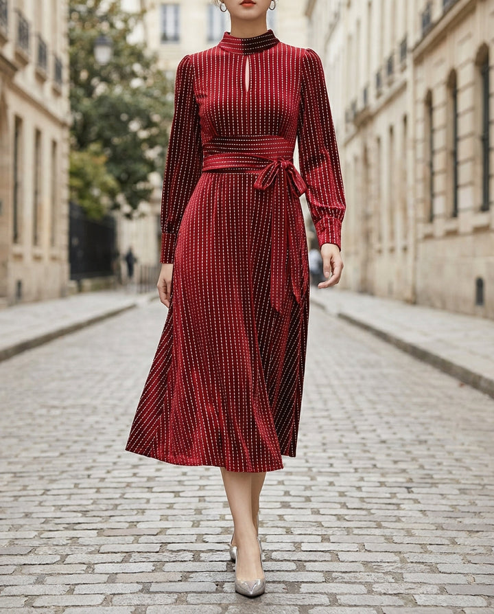 Olivia Bennet | Navy Pinstripe High-Neck Structured-Waist Woven Midi Dress