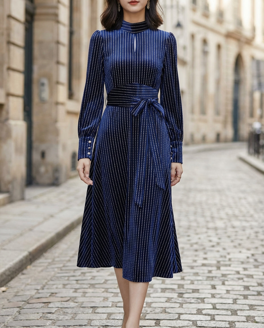 Olivia Bennet | Navy Pinstripe High-Neck Structured-Waist Woven Midi Dress