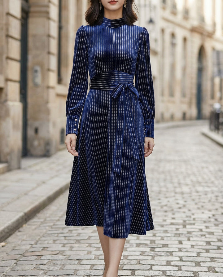 Olivia Bennet | Navy Pinstripe High-Neck Structured-Waist Woven Midi Dress