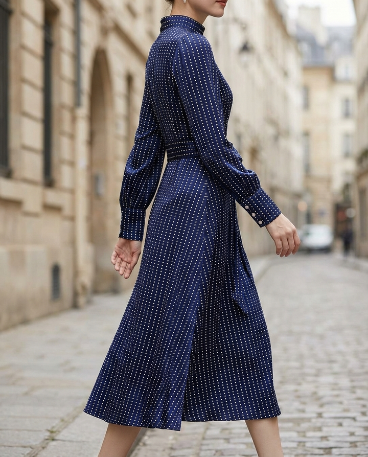 Olivia Bennet | Navy Pinstripe High-Neck Structured-Waist Woven Midi Dress
