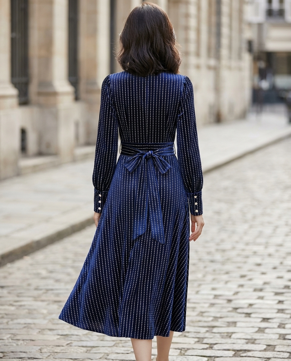 Olivia Bennet | Navy Pinstripe High-Neck Structured-Waist Woven Midi Dress