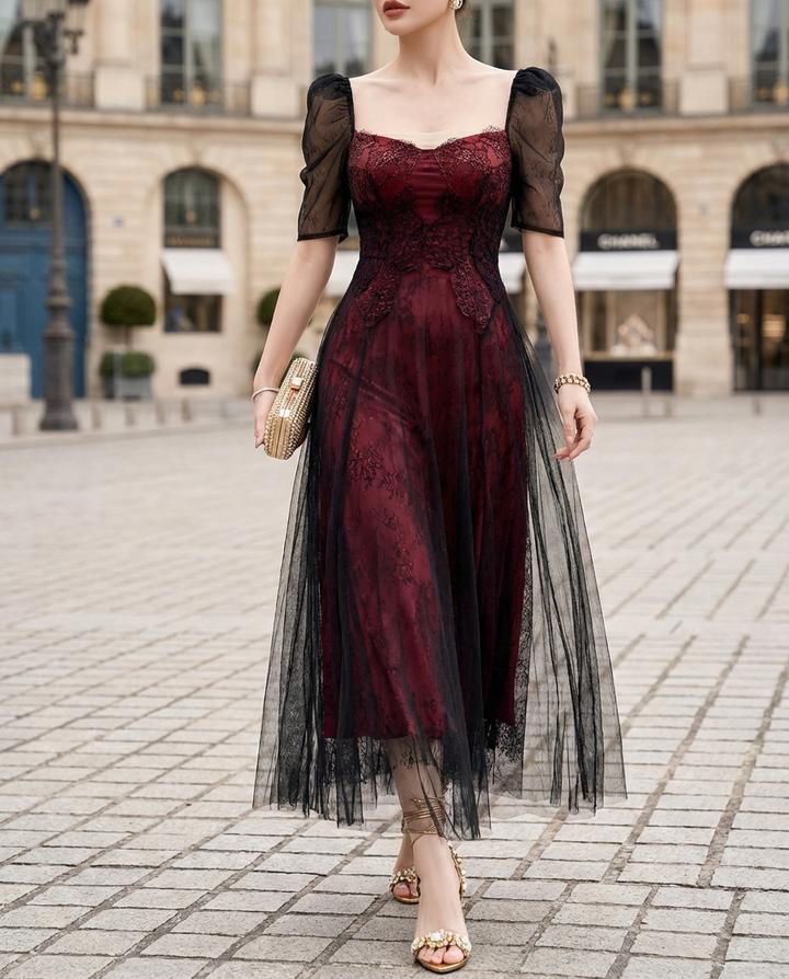 Olivia Bennet | Sheer Puff-Sleeve Lace Midi Dress
