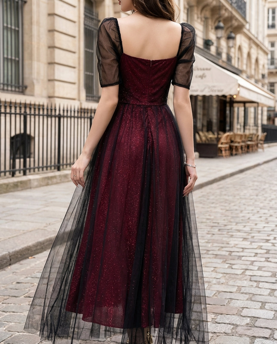 Olivia Bennet | Sheer Puff-Sleeve Lace Midi Dress