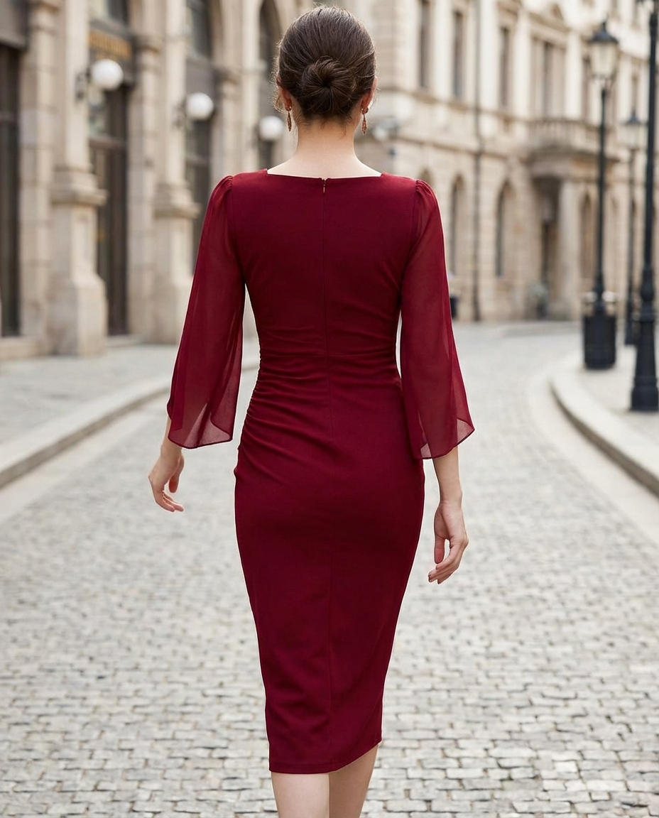 Olivia Bennet | Black Square-Neck Slit-Sleeve Satin Midi Dress