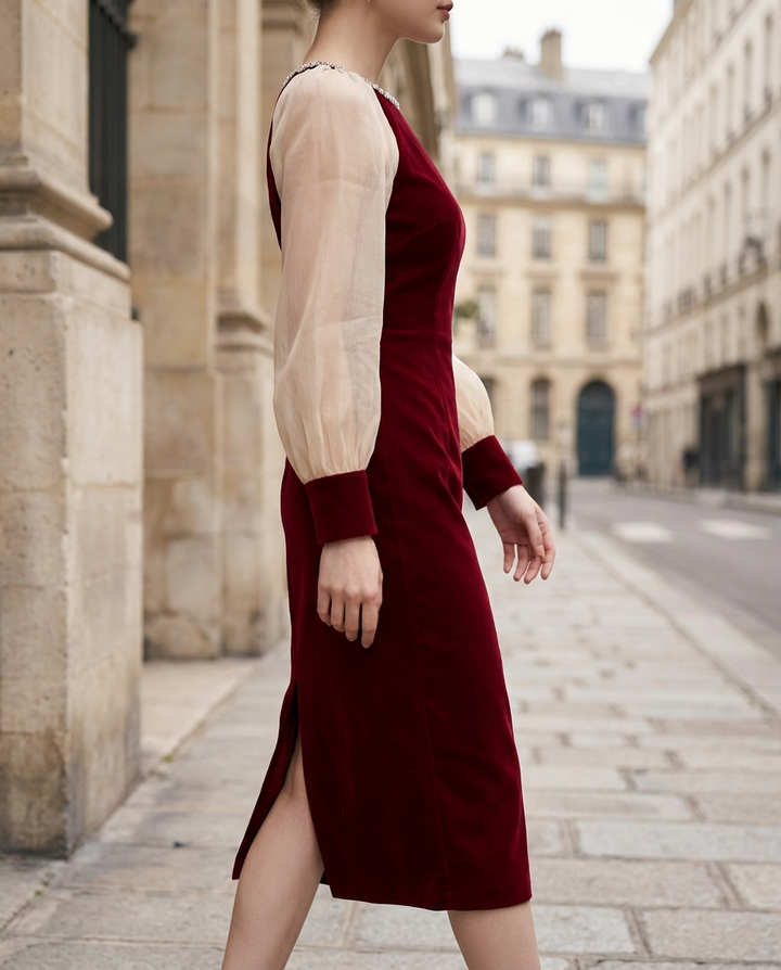 Olivia Bennet | Sheer-Sleeve Embellished Mesh Midi Dress