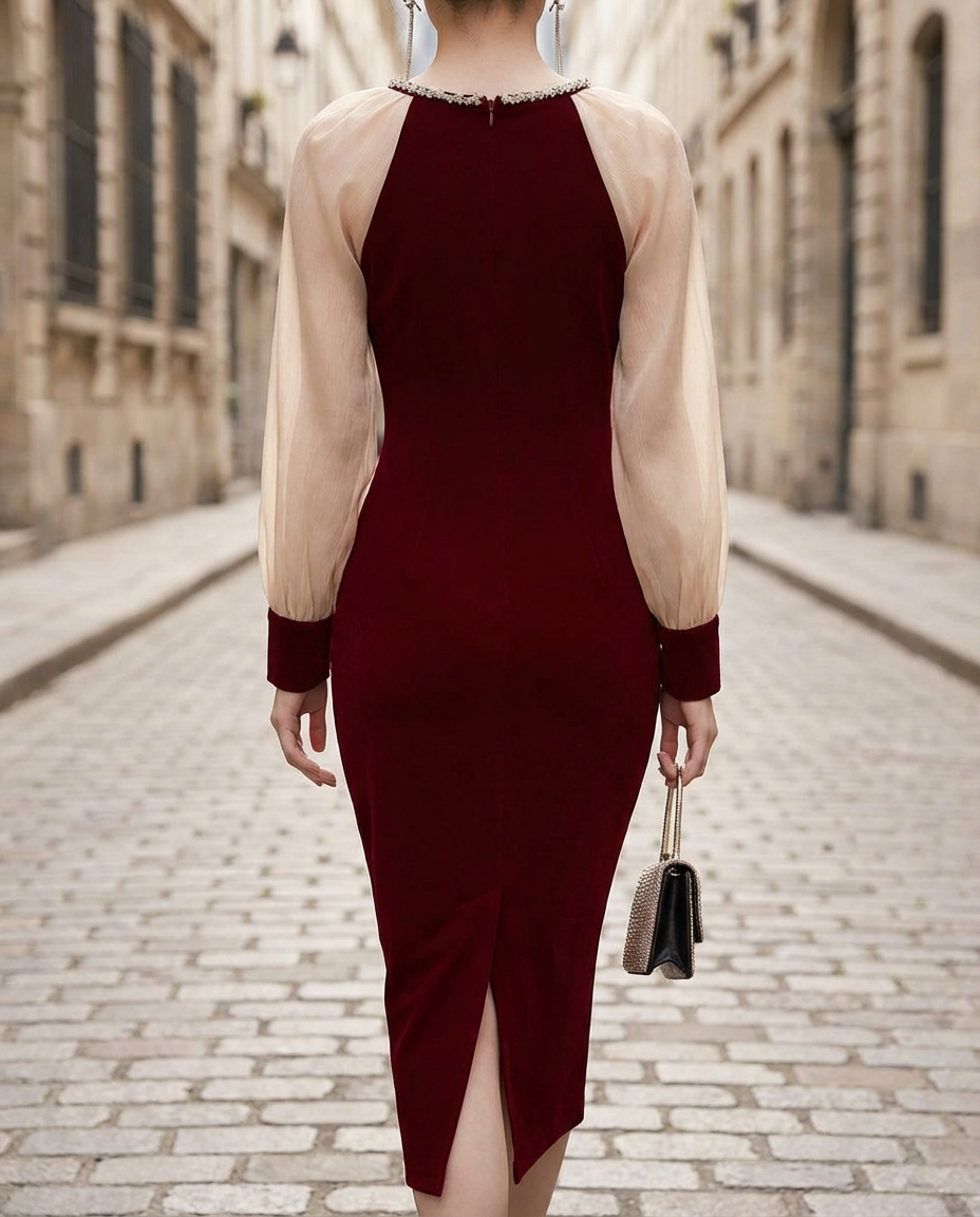 Olivia Bennet | Sheer-Sleeve Embellished Mesh Midi Dress