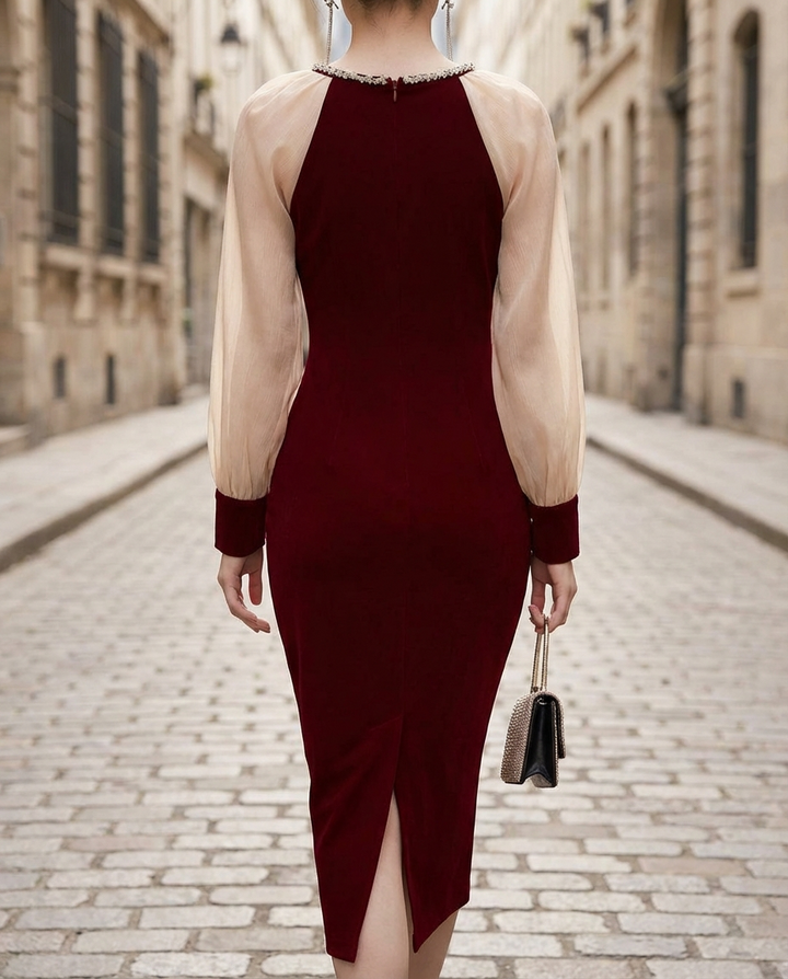 Olivia Bennet | Sheer-Sleeve Embellished Mesh Midi Dress