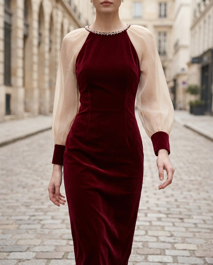 Olivia Bennet | Sheer-Sleeve Embellished Mesh Midi Dress