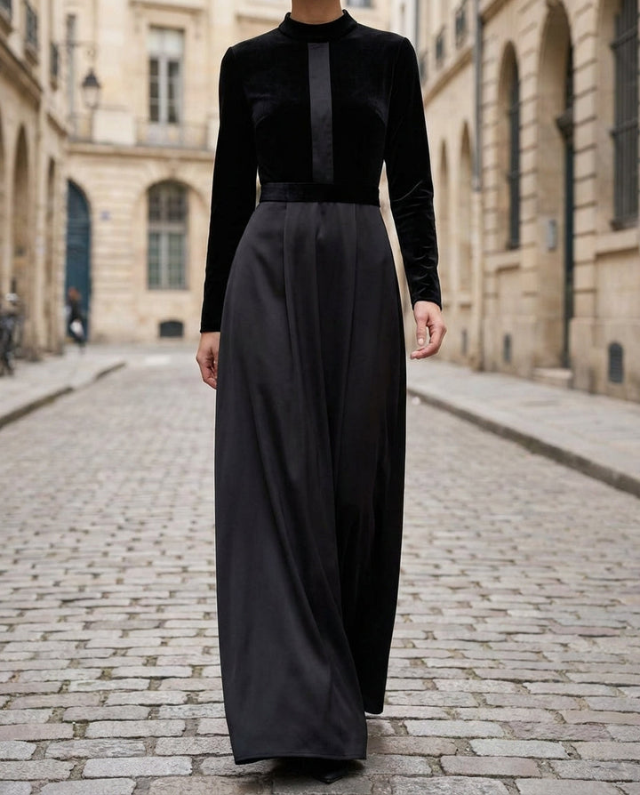 Olivia Bennet | Black Panelled Velvet-and-Satin Midi Dress