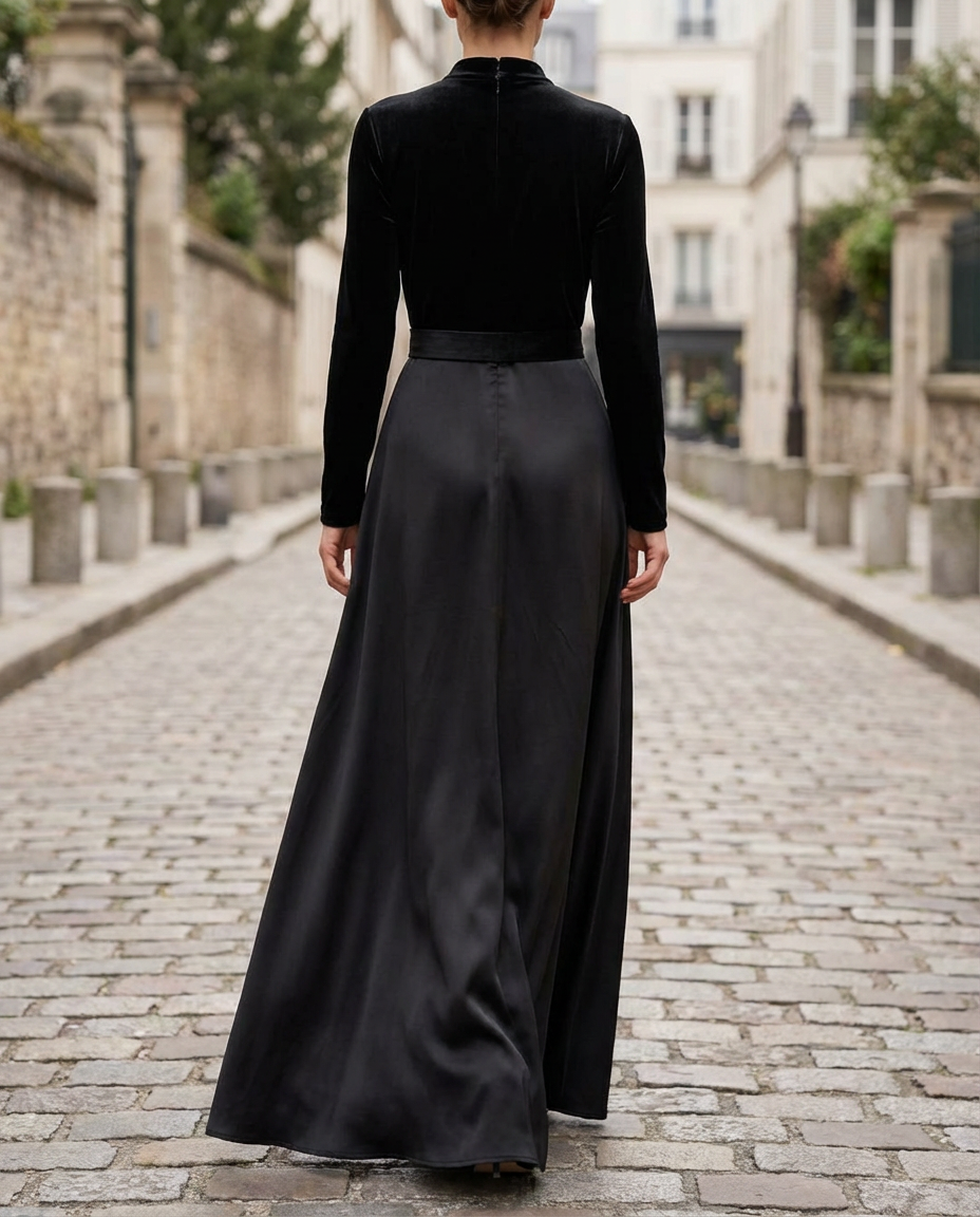 Olivia Bennet | Black Panelled Velvet-and-Satin Midi Dress