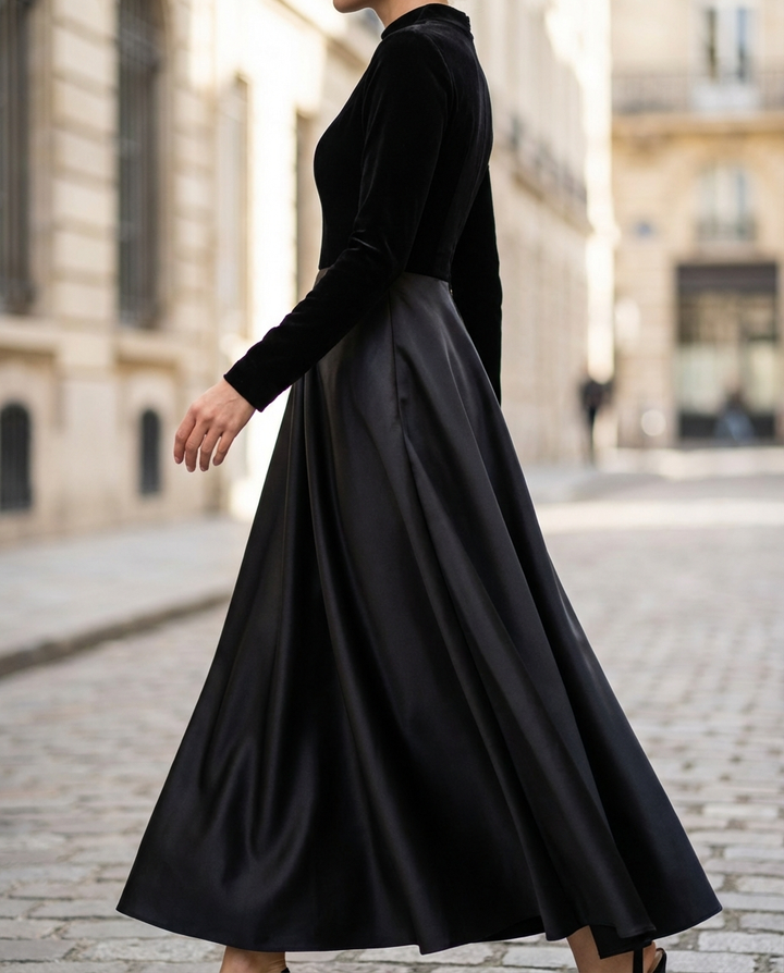 Olivia Bennet | Black Panelled Velvet-and-Satin Midi Dress