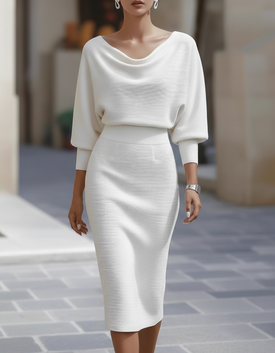 Olivia Bennet | Black Draped Cowl Neck Three-Quarter Sleeve Midi Dress