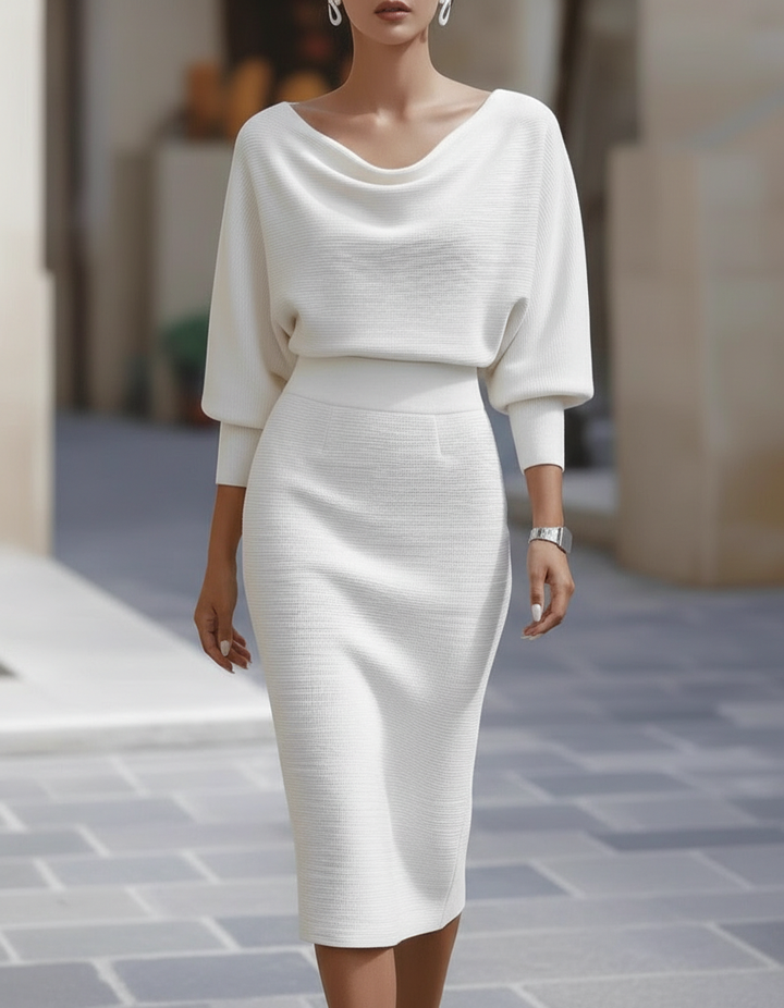 Olivia Bennet | Black Draped Cowl Neck Three-Quarter Sleeve Midi Dress