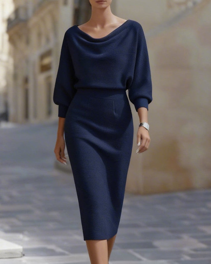 Olivia Bennet | Black Draped Cowl Neck Three-Quarter Sleeve Midi Dress