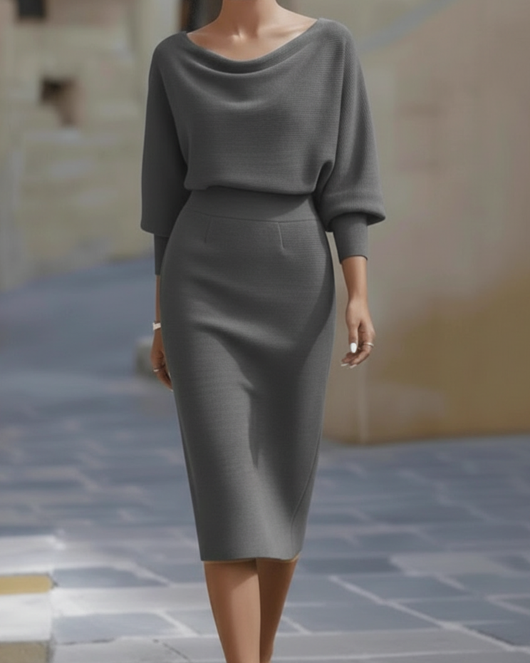 Olivia Bennet | Black Draped Cowl Neck Three-Quarter Sleeve Midi Dress