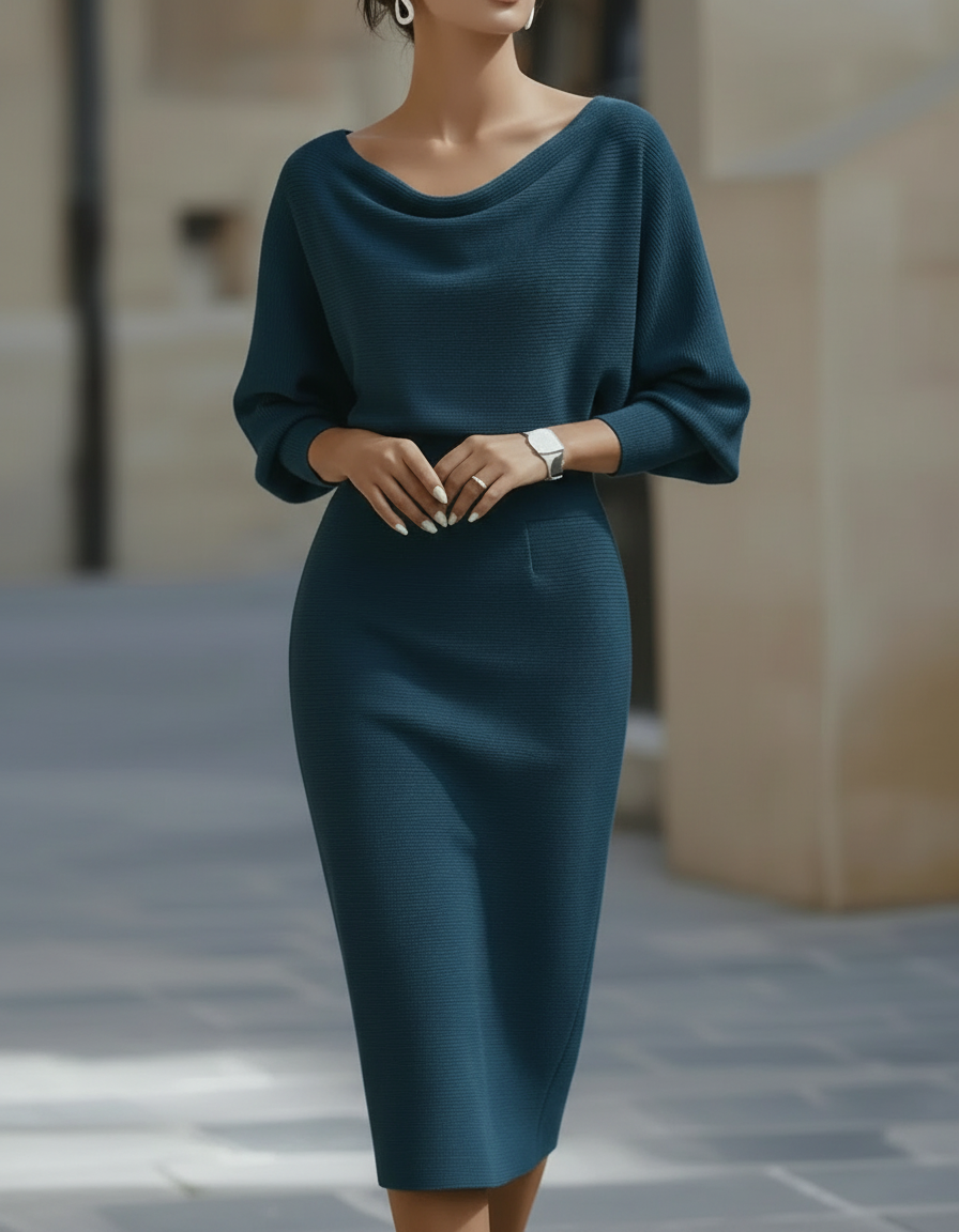Olivia Bennet | Black Draped Cowl Neck Three-Quarter Sleeve Midi Dress