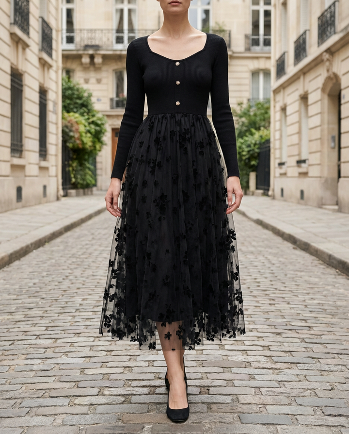 Olivia Bennet | Black 3D Floral Embroidered Overskirt Stretch Knit & Mesh Dress