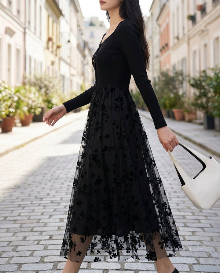 Olivia Bennet | Black 3D Floral Embroidered Overskirt Stretch Knit & Mesh Dress