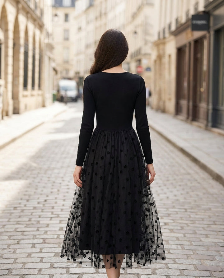 Olivia Bennet | Black 3D Floral Embroidered Overskirt Stretch Knit & Mesh Dress