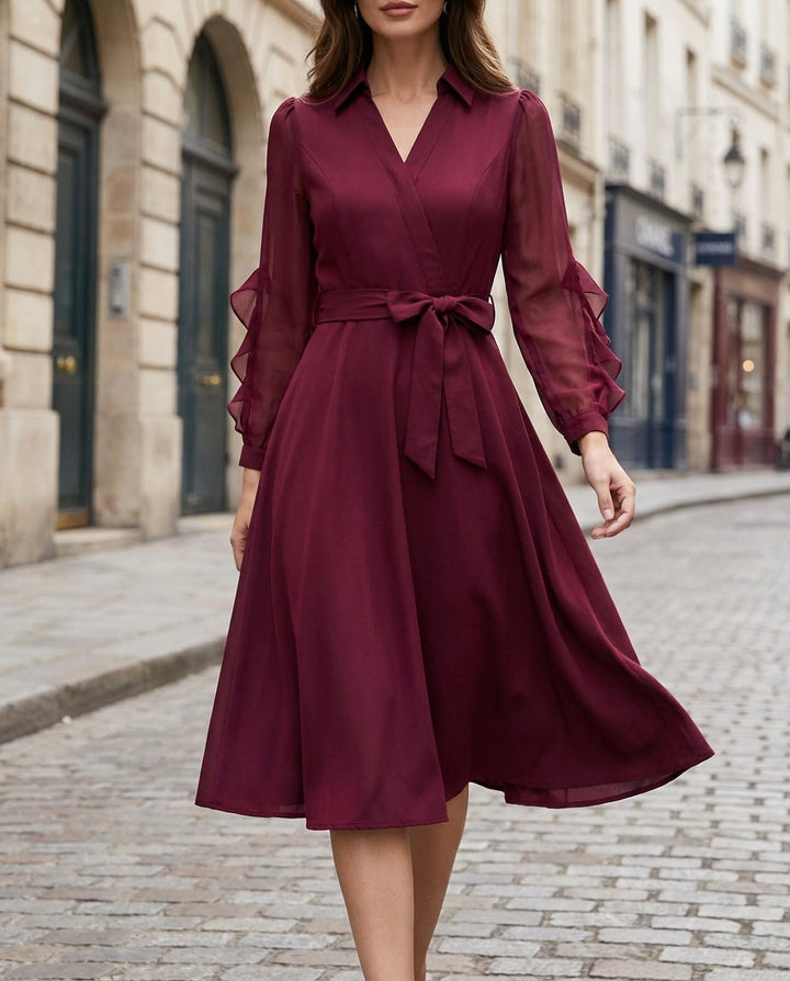 Olivia Bennet | Ivory Wrap Sheer-Sleeve Chiffon Midi Dress