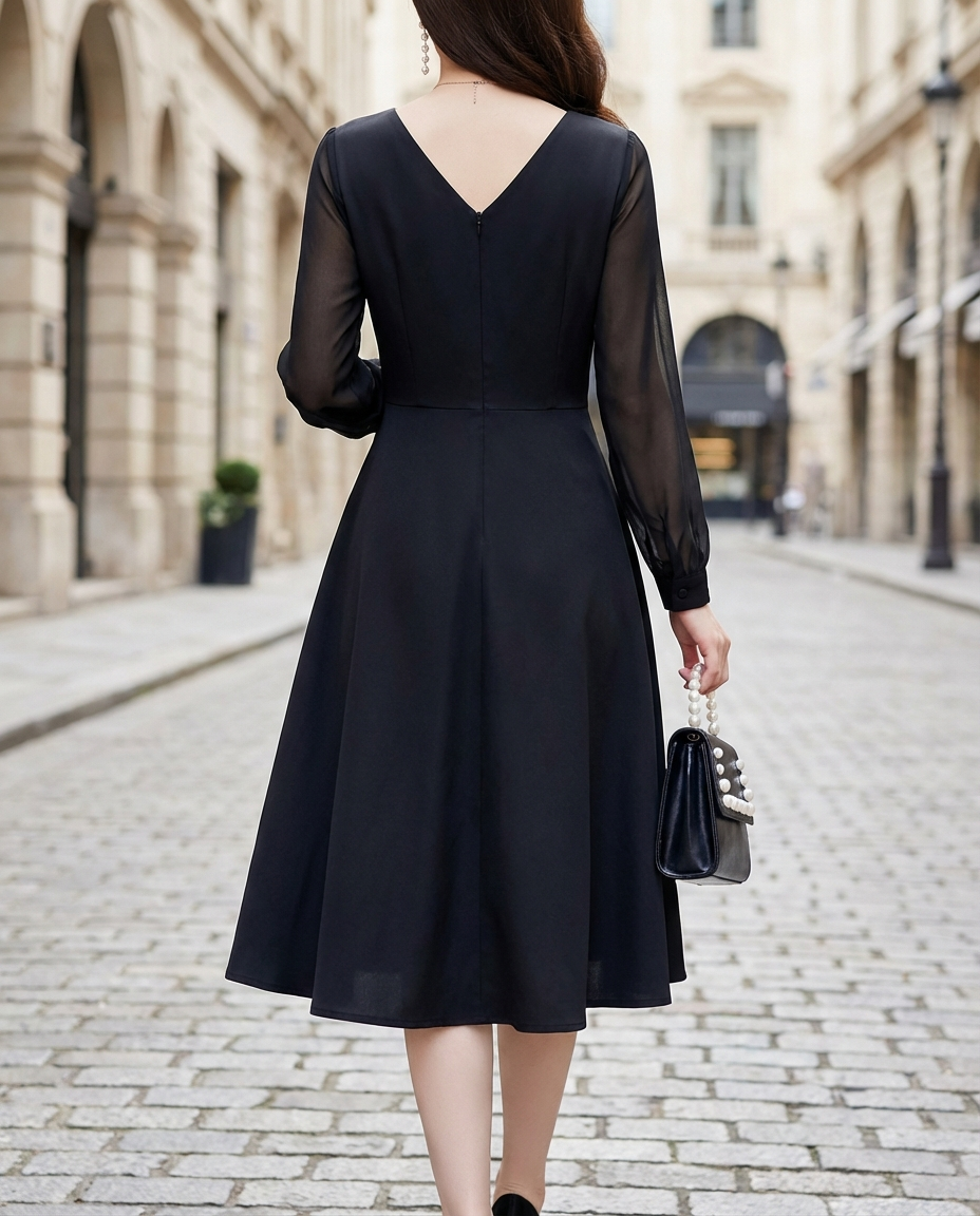 Olivia Bennet | Ivory Wrap Sheer-Sleeve Chiffon Midi Dress
