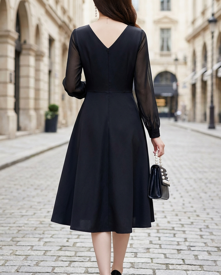 Olivia Bennet | Ivory Wrap Sheer-Sleeve Chiffon Midi Dress