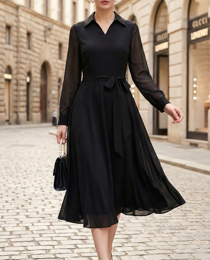 Olivia Bennet | Ivory Wrap Sheer-Sleeve Chiffon Midi Dress