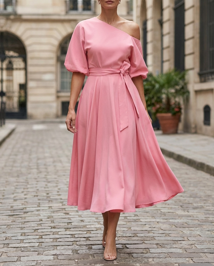 Olivia Bennet | One-Shoulder Waist-Tie Midi Dress