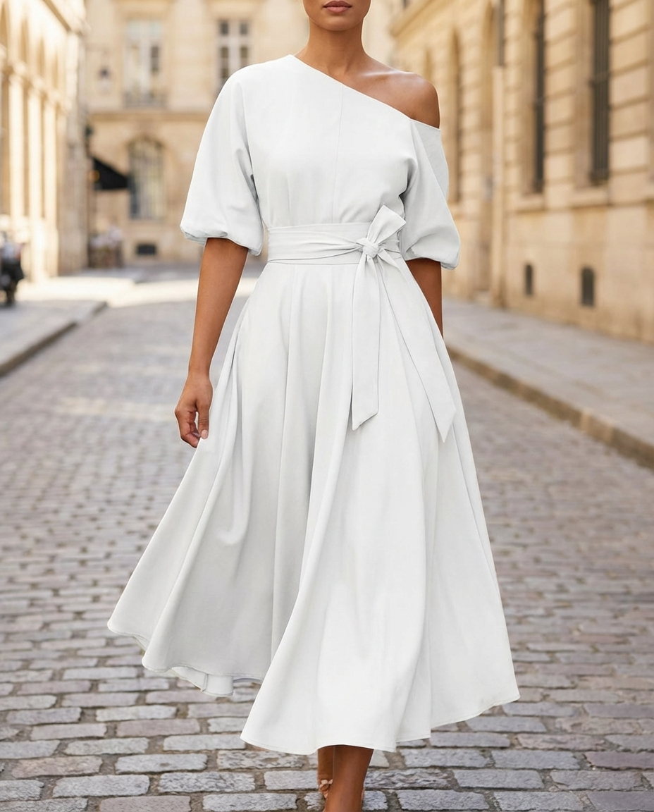 Olivia Bennet | One-Shoulder Waist-Tie Midi Dress