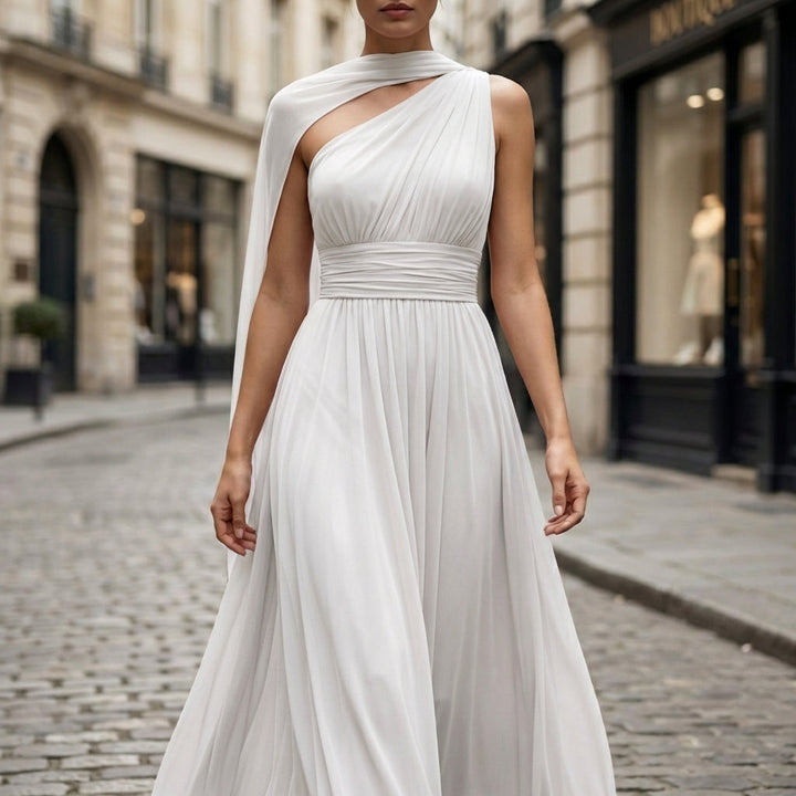 Olivia Bennet | Ivory High-Neck Sleeveless Tulle Overlay Evening Gown