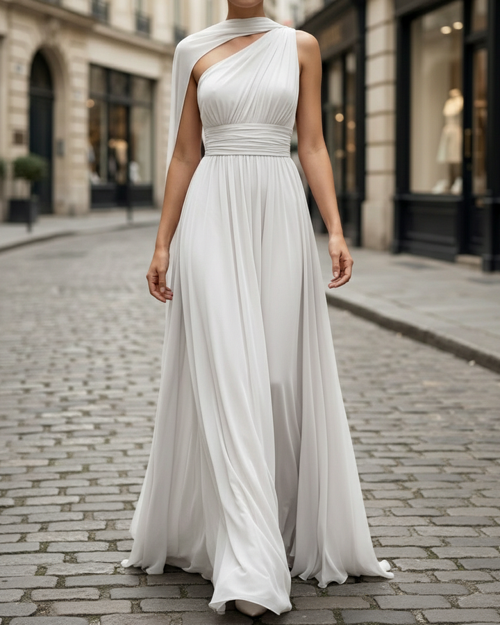 Olivia Bennet | Ivory High-Neck Sleeveless Tulle Overlay Evening Gown