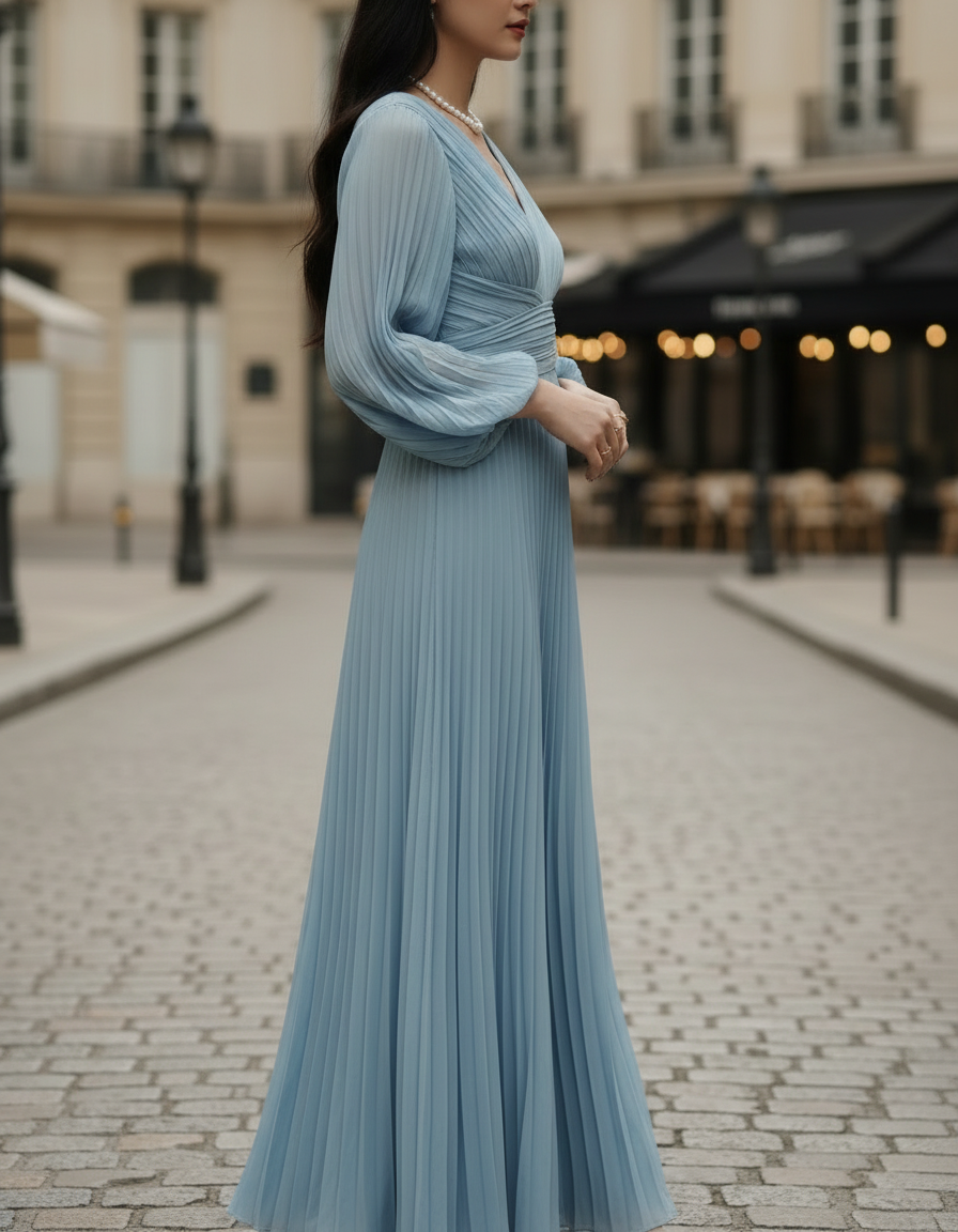 Olivia Bennet | Steel Blue Pleated Midi Dress