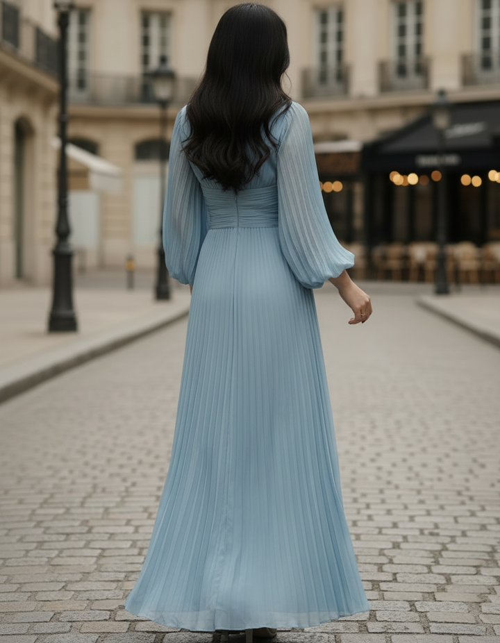 Olivia Bennet | Steel Blue Pleated Midi Dress