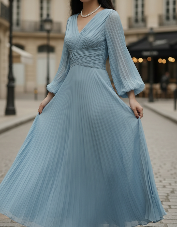 Olivia Bennet | Steel Blue Pleated Midi Dress