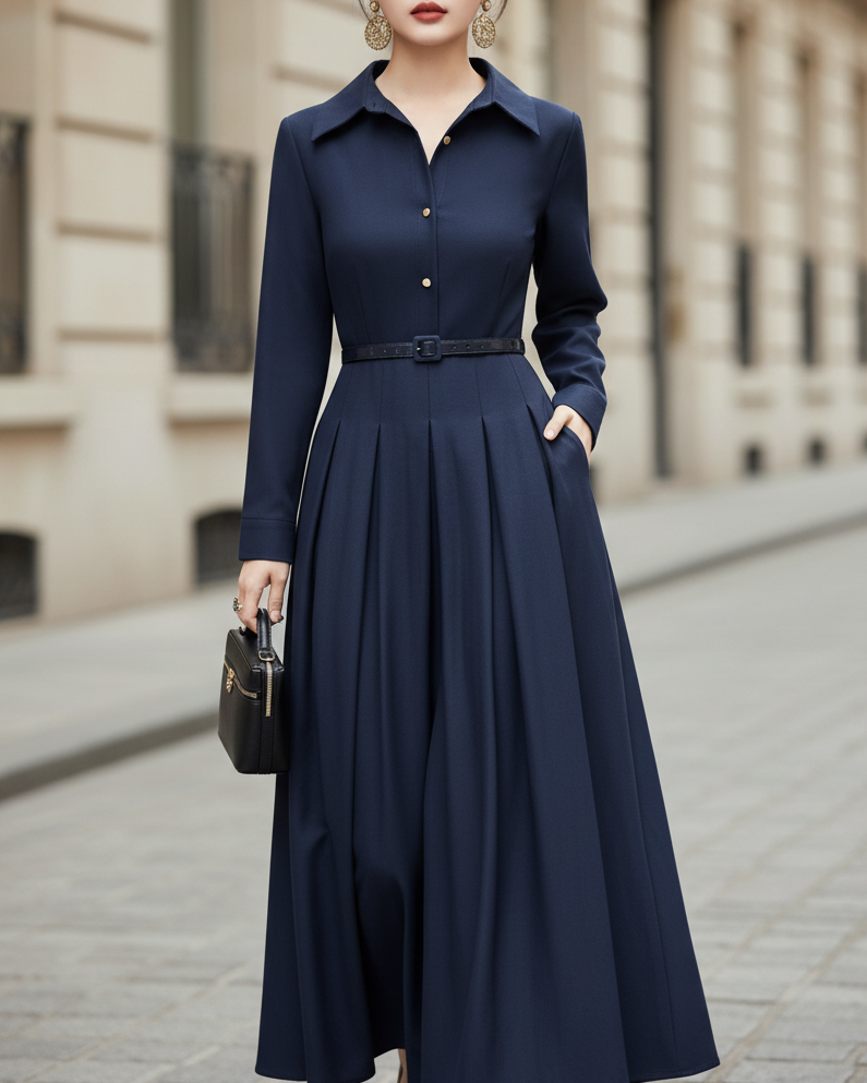 Olivia Bennet | Navy Belted Waist Tailored Pleats Cotton-Blend Midi Dress