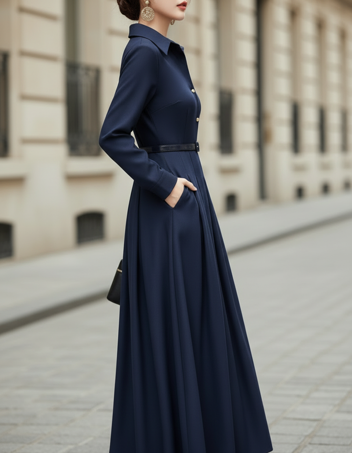 Olivia Bennet | Navy Belted Waist Tailored Pleats Cotton-Blend Midi Dress