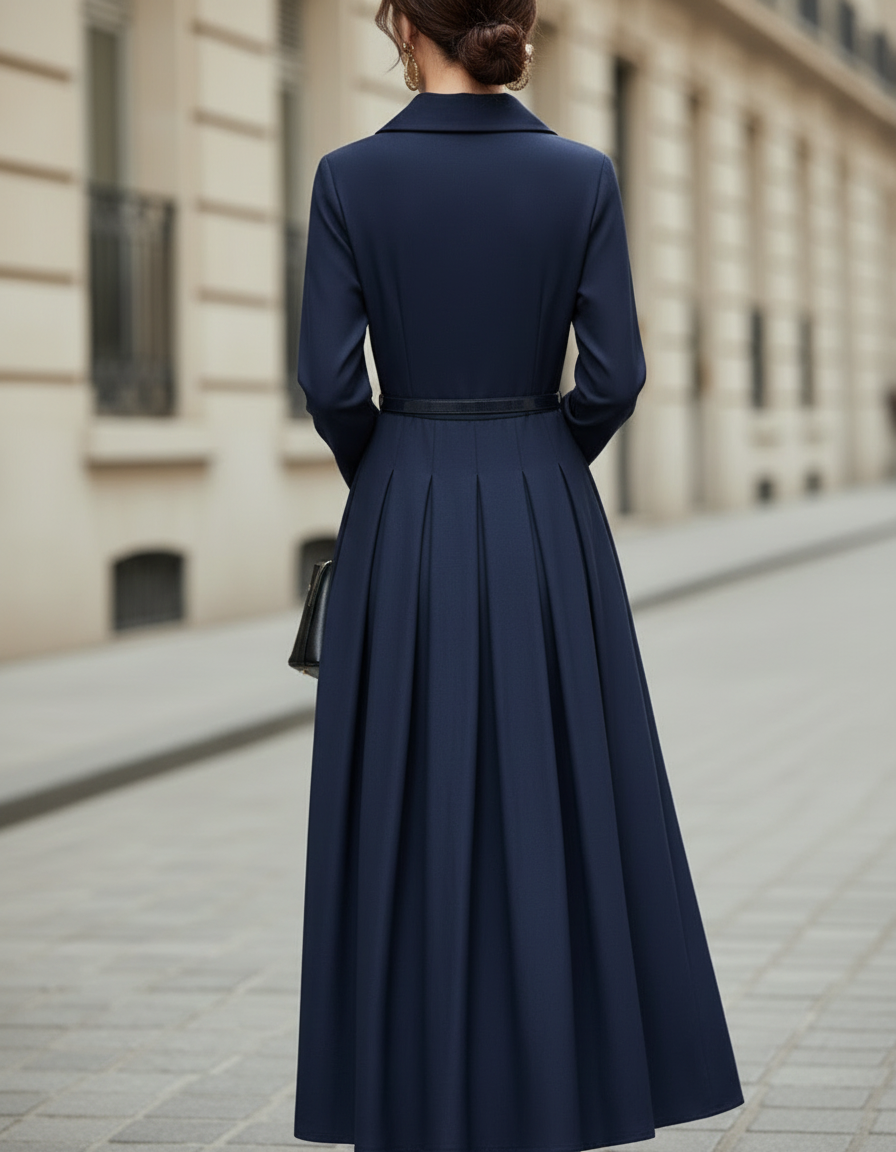 Olivia Bennet | Navy Belted Waist Tailored Pleats Cotton-Blend Midi Dress