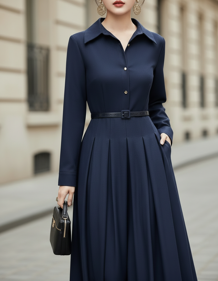 Olivia Bennet | Navy Belted Waist Tailored Pleats Cotton-Blend Midi Dress