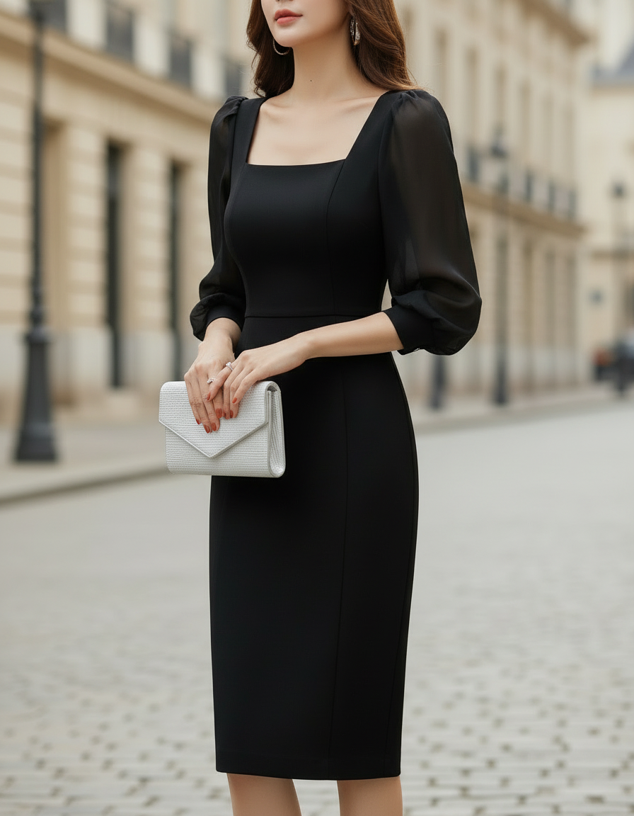 Olivia Bennet | Black Belted Pleated Midi Dress