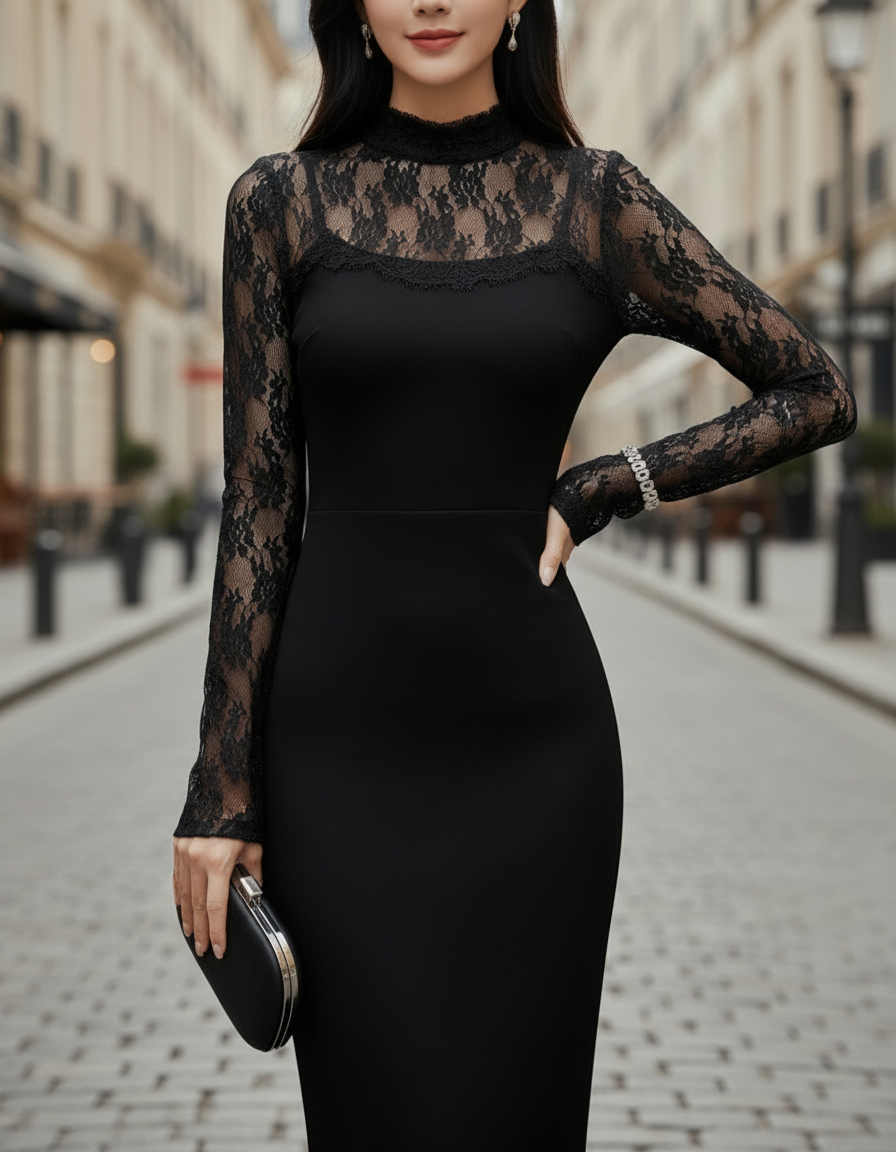 Olivia Bennet | Black Sheer Floral Lace Sleeves Midi Dress