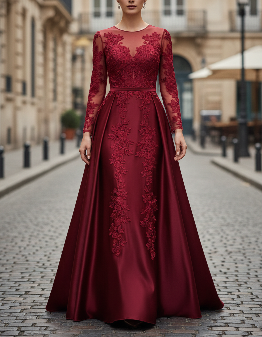 Olivia Bennet | Burgundy Lace A-Line Satin Gown