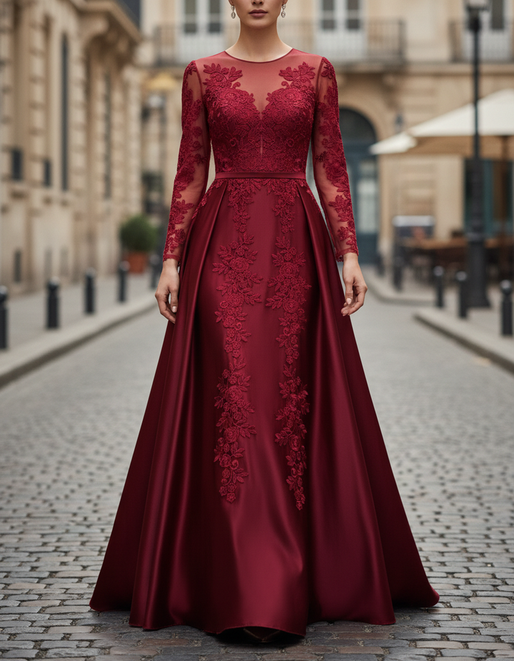 Olivia Bennet | Burgundy Lace A-Line Satin Gown