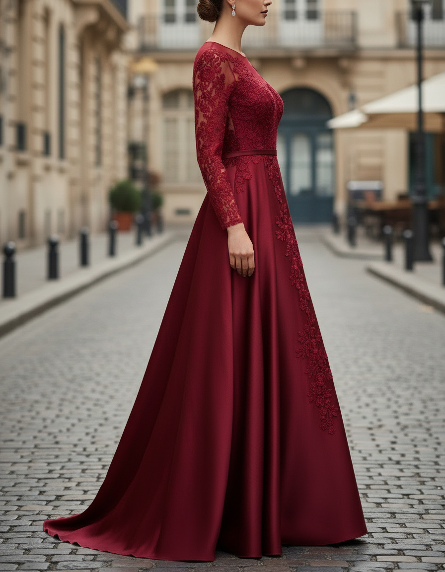 Olivia Bennet | Burgundy Lace A-Line Satin Gown