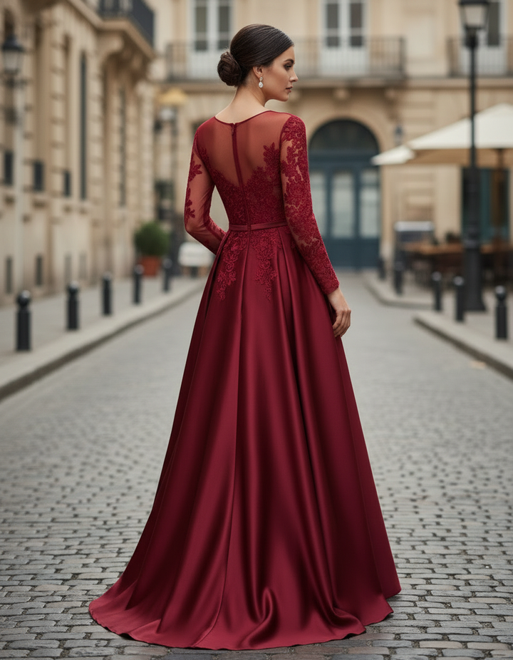 Olivia Bennet | Burgundy Lace A-Line Satin Gown