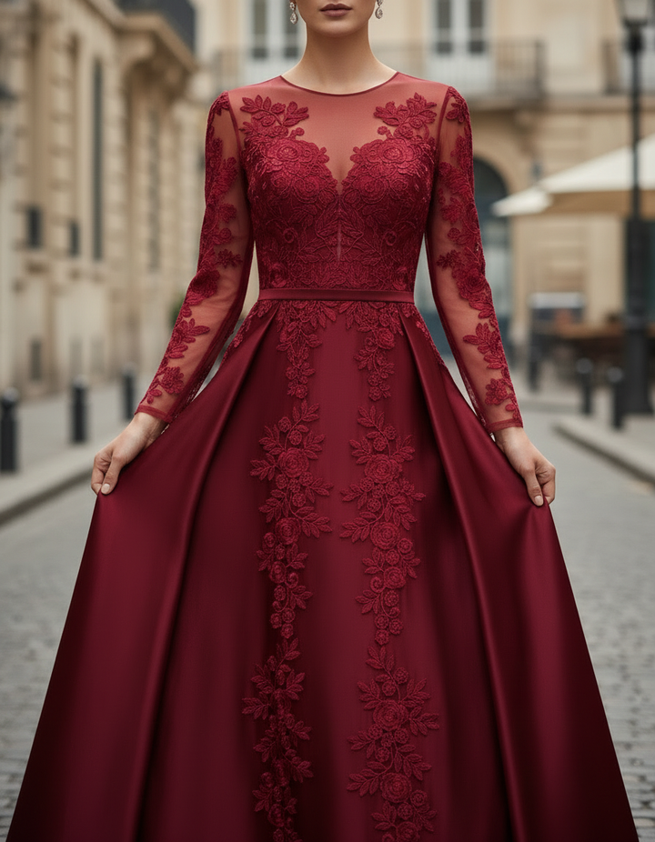 Olivia Bennet | Burgundy Lace A-Line Satin Gown