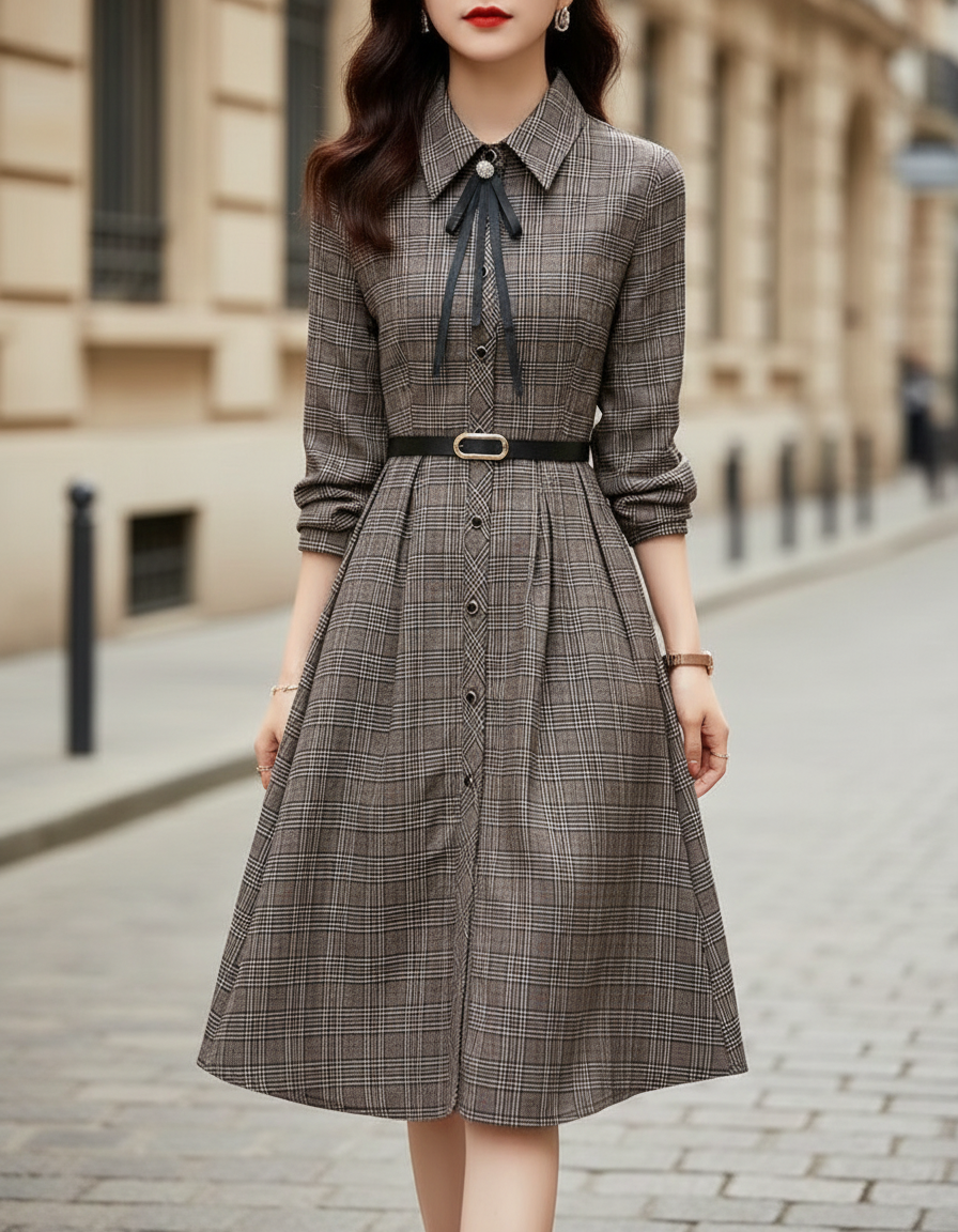 Olivia Bennet | Grey Plaid Belted Woven Midi Dress