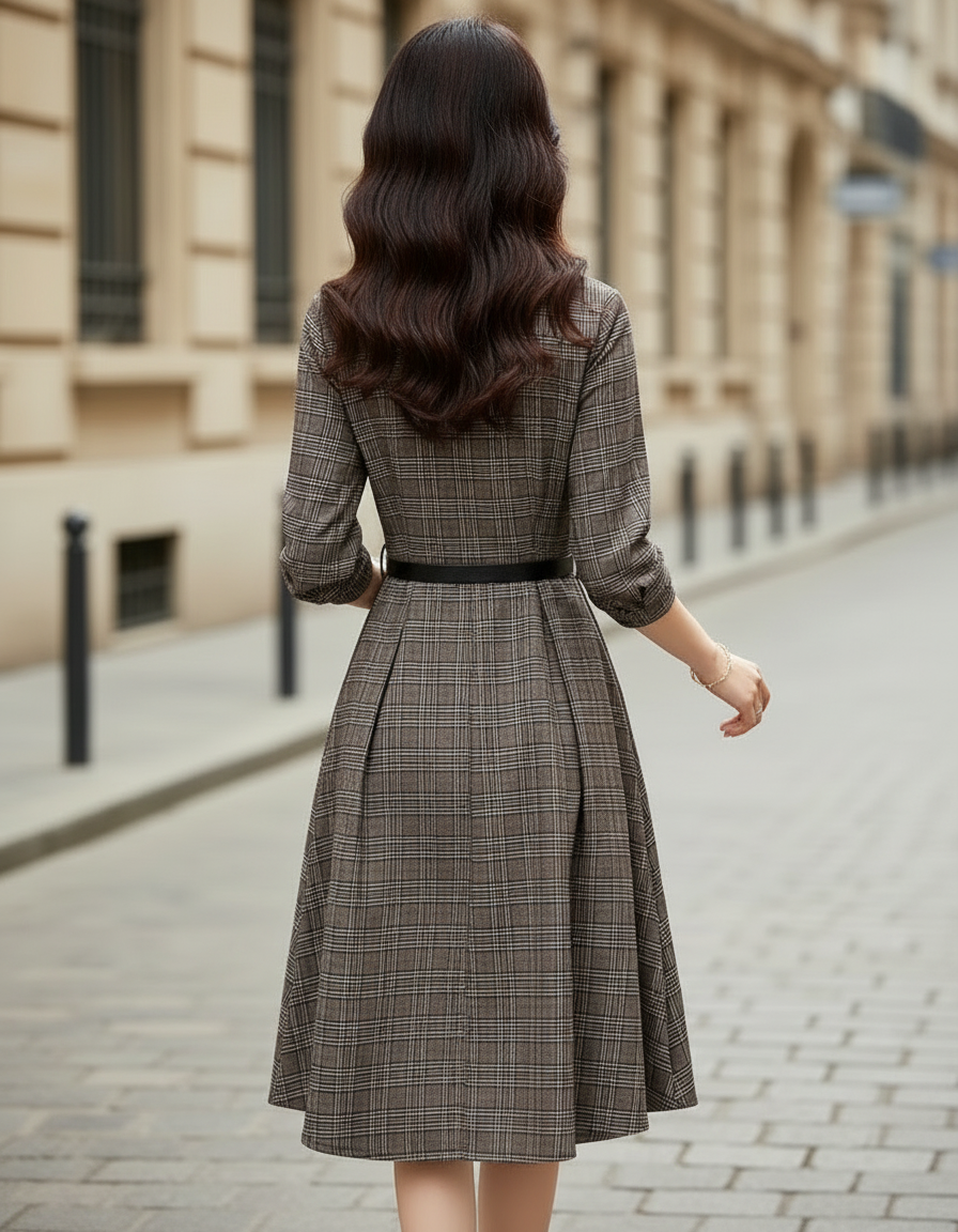 Olivia Bennet | Grey Plaid Belted Woven Midi Dress