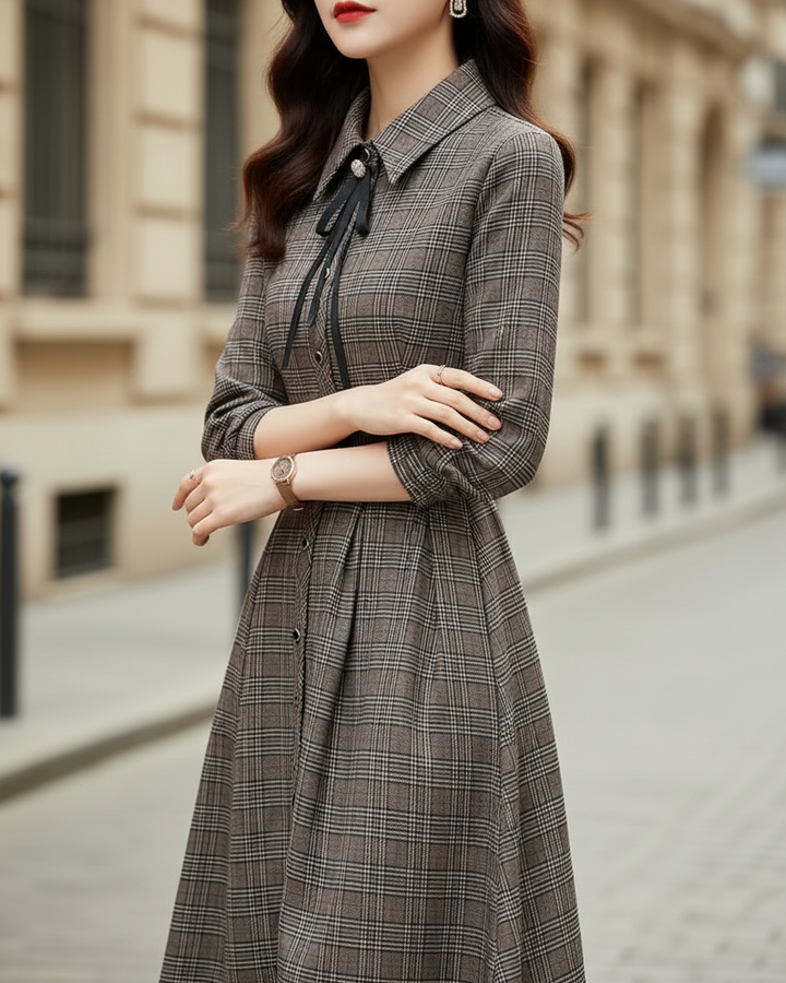 Olivia Bennet | Grey Plaid Belted Woven Midi Dress